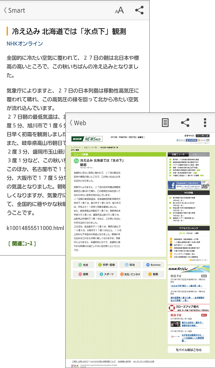 左:Smartモードでの表示と、通常表示。同じ記事です。